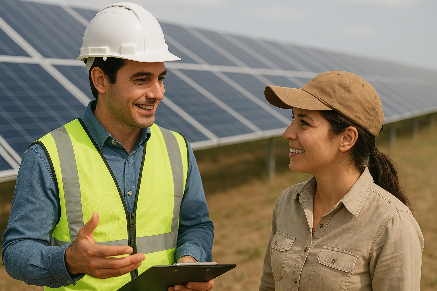 Ingenieros profesionales supervisando instalación de paneles solares para sistema de microred inteligente
